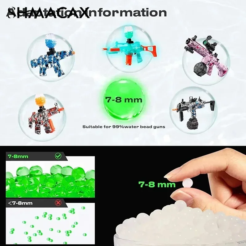 Y7-8mm رصاصات المياه الفلورسنت كرات الماء الناعمة اطلاق النار ليلة الادسنس الفلورسنت جل الماء الرصاص معركة لعبة