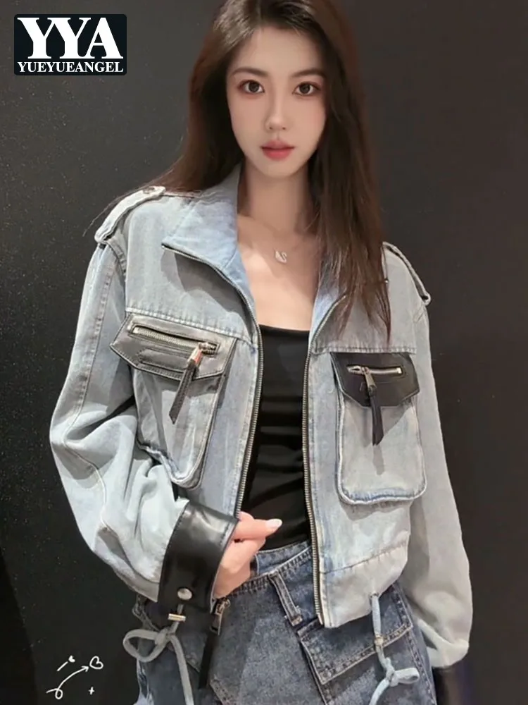

Women Denim Jacket Spring Long Sleeve Spliced Pockets Cargo Short Coat Zipper Streetwear Casual Loose Fit Female Outerwear New