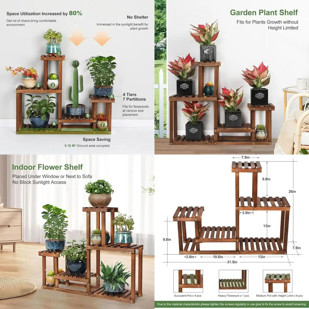 

4-Tier Wooden Plant Stand - Indoor/Outdoor Use, Multi-Level Rack for Garden, Balcony, Patio, Living Room