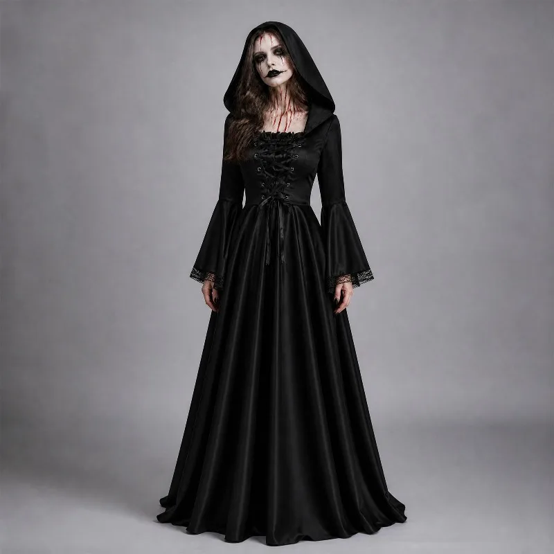 Women Gothic Hooded Long Dress Bell Sleeve Halloween Ghost Bride Witch Cosplay Costume For Fancy Party Role Play