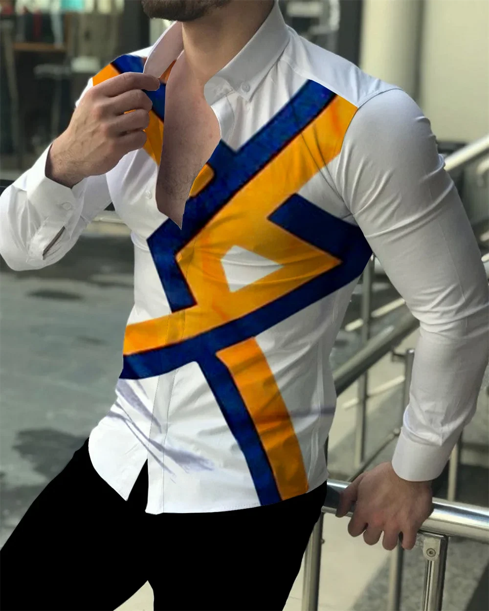 Men's Gradient Geometric Contrast Color 3D Printed Casual Long-sleeved Lapel Button Shirt Men's Slim Fit Simple Business Top