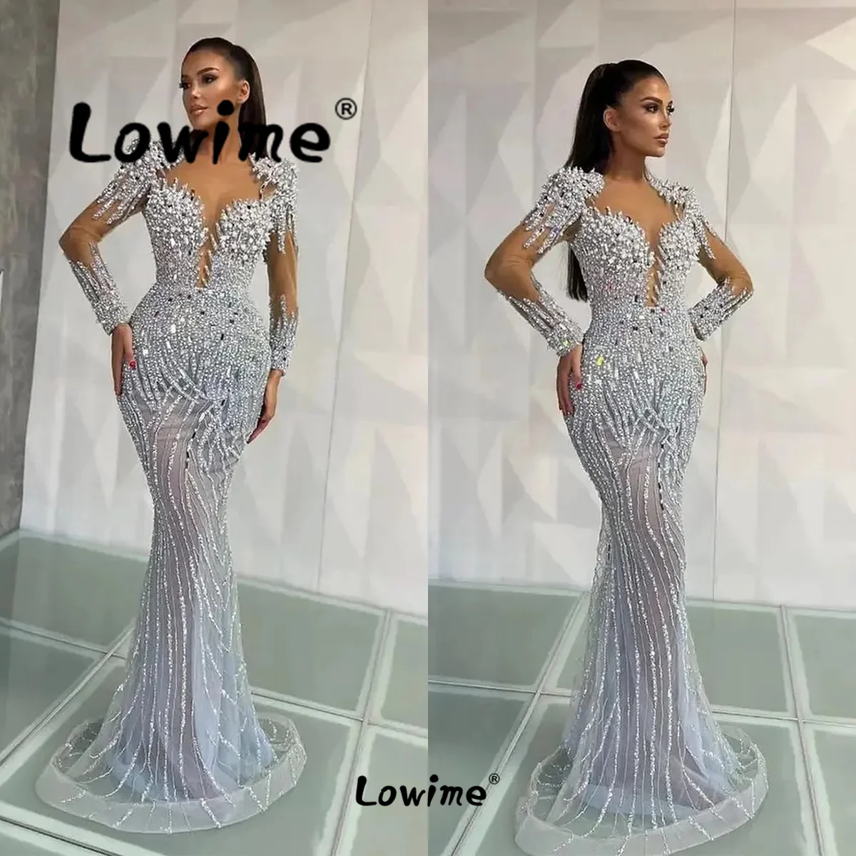 Gorgeous Silver Mermaid Evening Dress Long Sleeve Pearl Crystals Formal Arabic Prom Dresses Custom Made Wedding Party Dress Robe