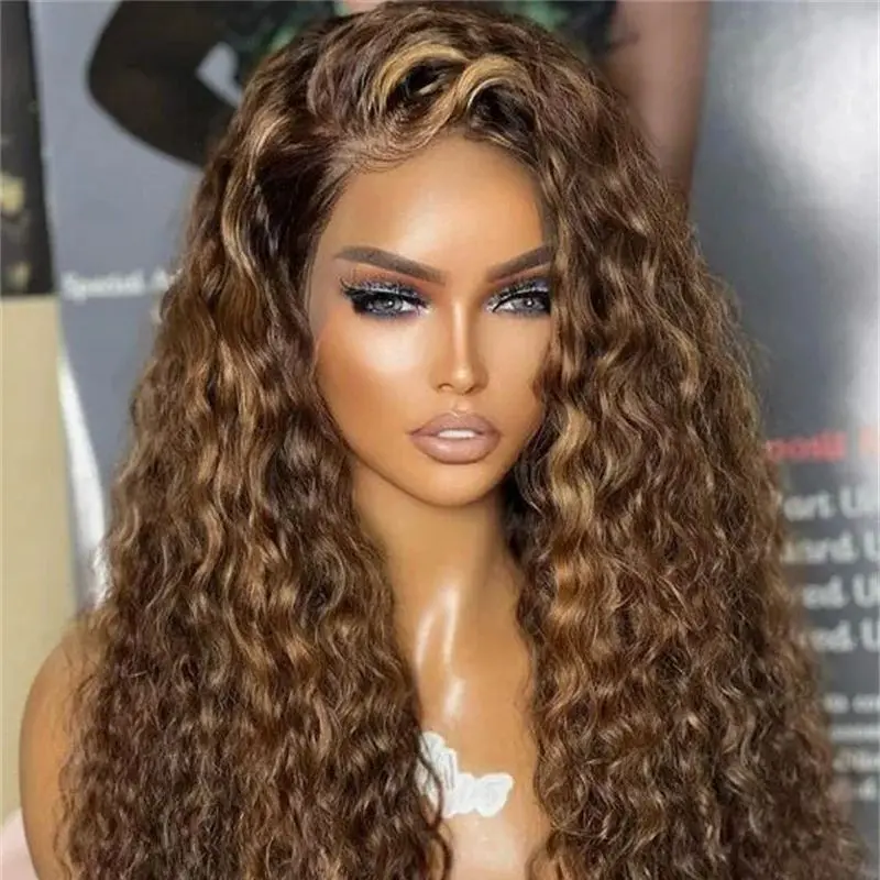 Perruque Lace Front Wig crépue bouclée sans colle pour femme, cheveux de bébé préplumés, reflets doux, marron, longue densité 180, 26 pouces, 03/