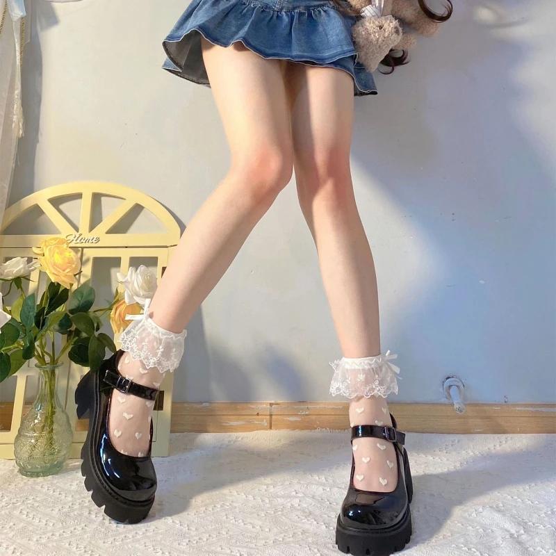 Women Lolita Transparent Mesh Crew Socks Sweet Ruffled Lace Trim Bowknot Cute Love Heart Pattern Anime Princess Hosiery