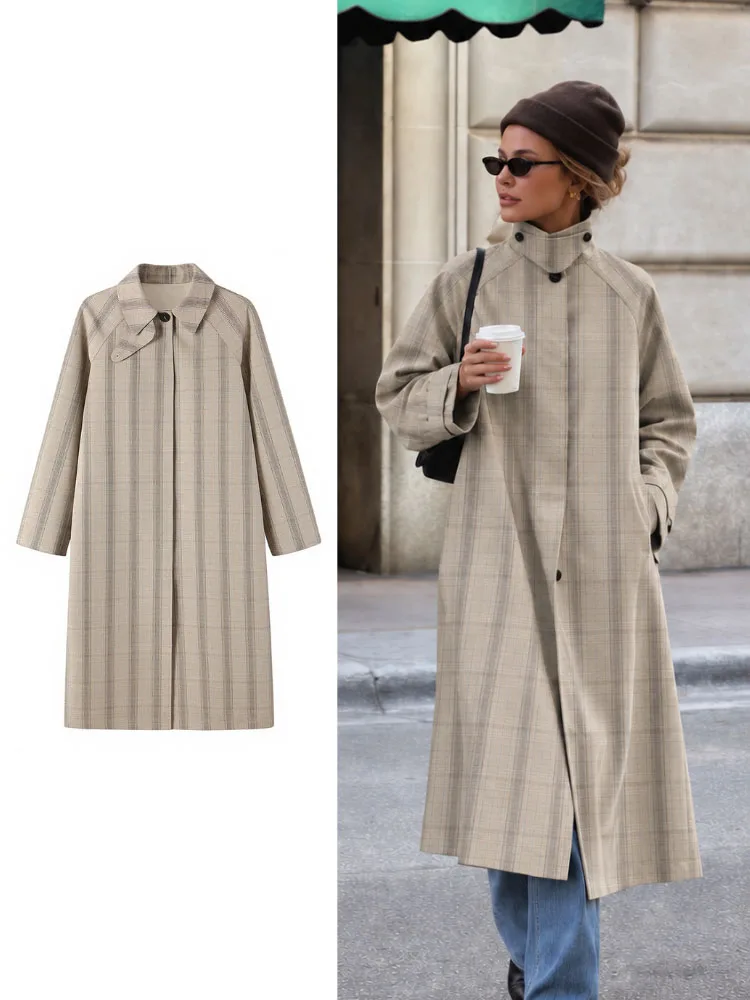 HH Daily Outing Beige Plaid Long Trench Coat Women Fall Stand Collar Single Breasted City Walk Versatile Chic Comfy Outerwear