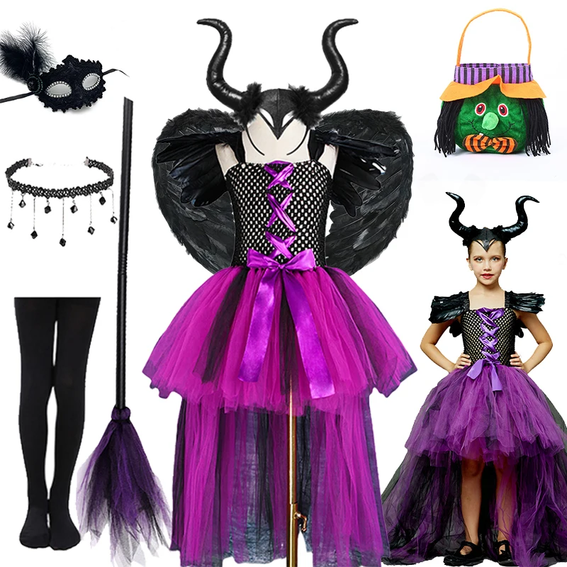 

Maleficent Halloween Children Costume Girls Evil Witch Tulle Dress Girls Cosplay Vestidos Party Evil Queen Mesh Princess Dress