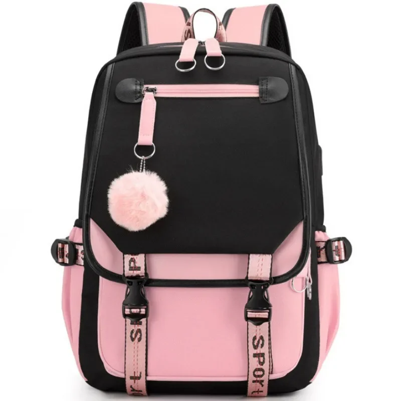 

USB Port Canvas Schoolbag Student Book Bag Fengdong Large School Bags for Teenage Girls Fashion Black Pink Teen School Backpack