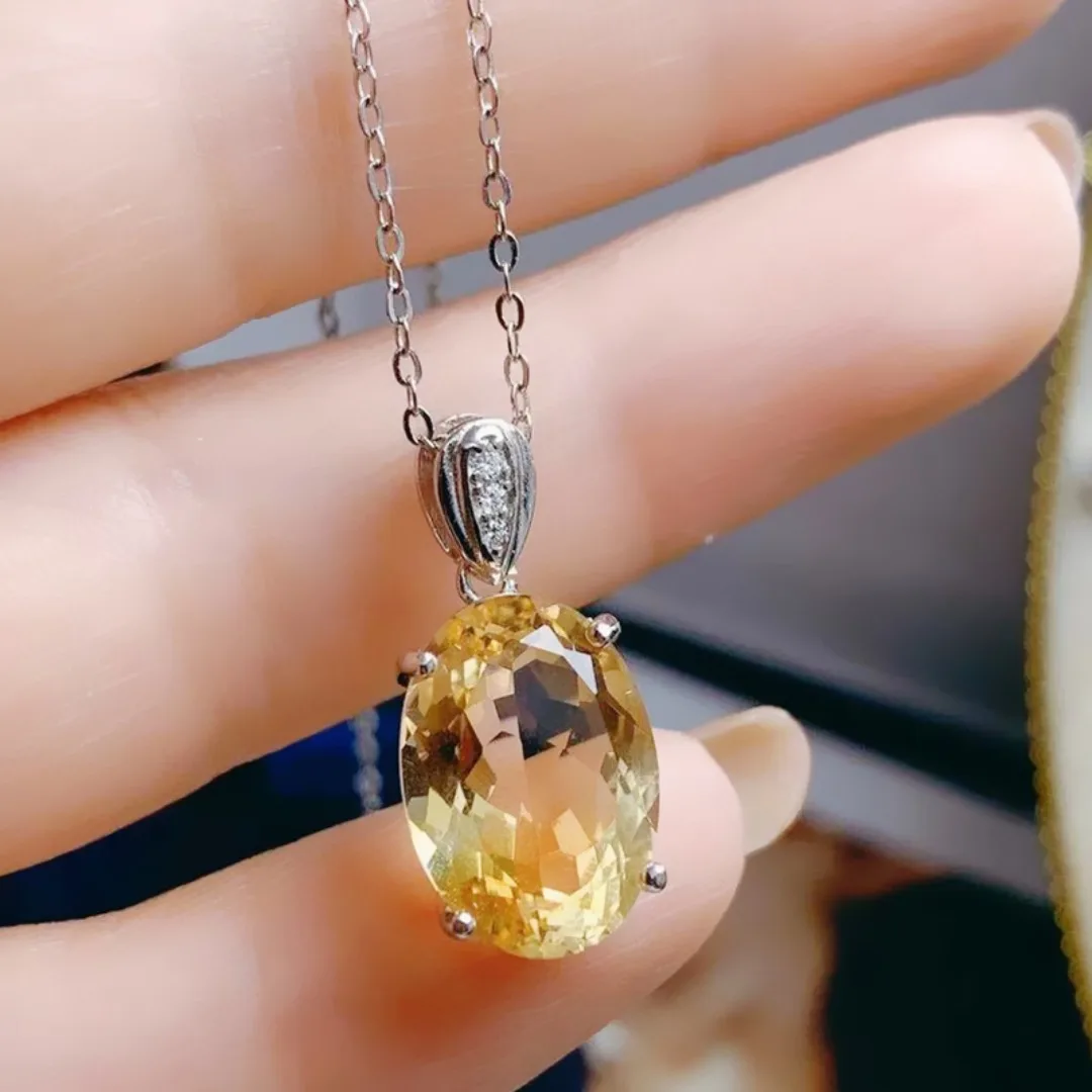 Natural Real Citrine Oval Big Necklace Pendant 10*14mm Gemstone 925 Sterling Silver Fine Jewelry