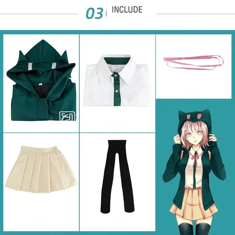 أزياء أنيمي دانغانرونا نانامي شياكي التأثيرية لطلاب المدارس الثانوية تنورة لولي JK زي أخضر بأكمام طويلة جاك4;v'5,f;6.j;8'