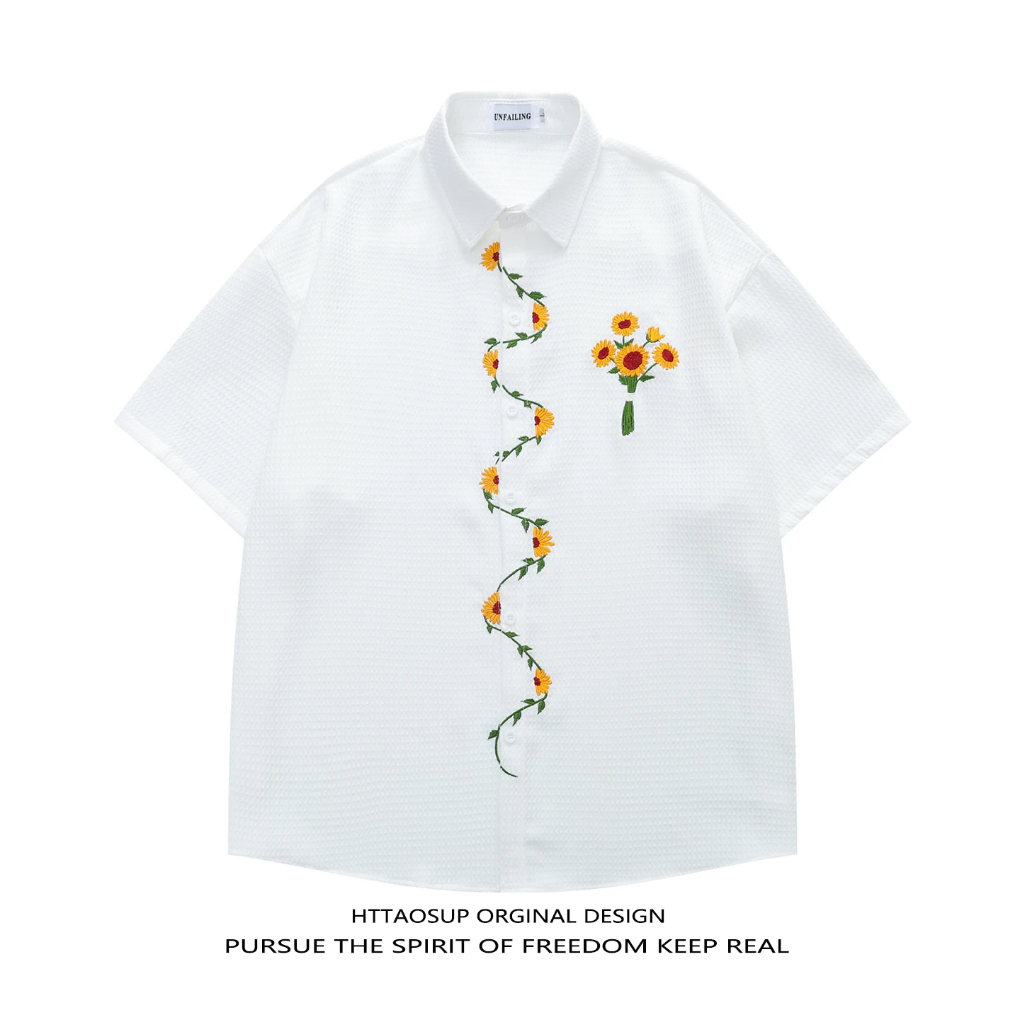 

HTTAOSUP Summer Retro Sunflower Embroidery Short Sleeve Loose Fit Men's And Women's Shirt Casual Style Polyester Fiber