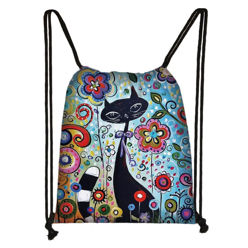 Mochila de lona con estampado de gato y Animal para mujer, bolsa de almacenamiento con cordón, bonita Imagen de gato de dibujos animados, mochila de