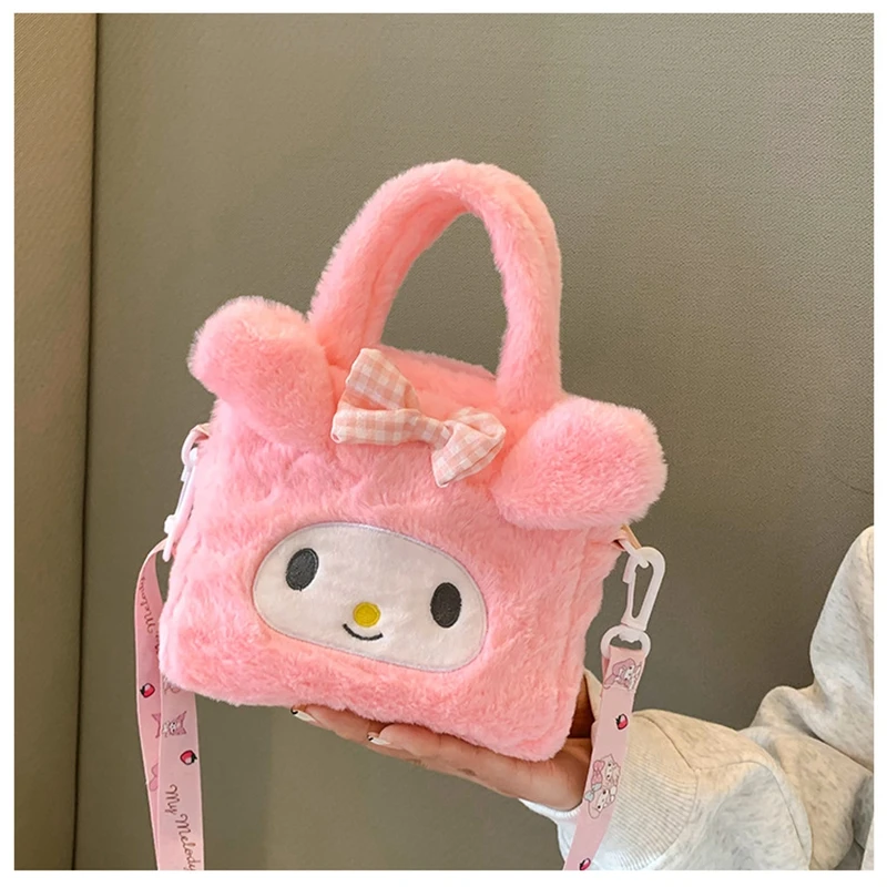 Kuromi Sanrio bolsa de felpa Kawaii Cinnamoroll Melody bandolera bolsa de almacenamiento de cosméticos dibujos animados Anime bolso portátil mujeres