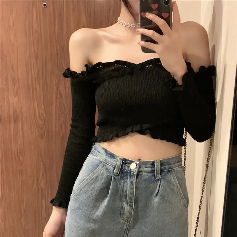 Woman Sweaters Crop-Top Short Top Sexy Slim Fit Ruffled Women\'s Spring Autumn Underwear Off-the-Shoulder Cross Sweater