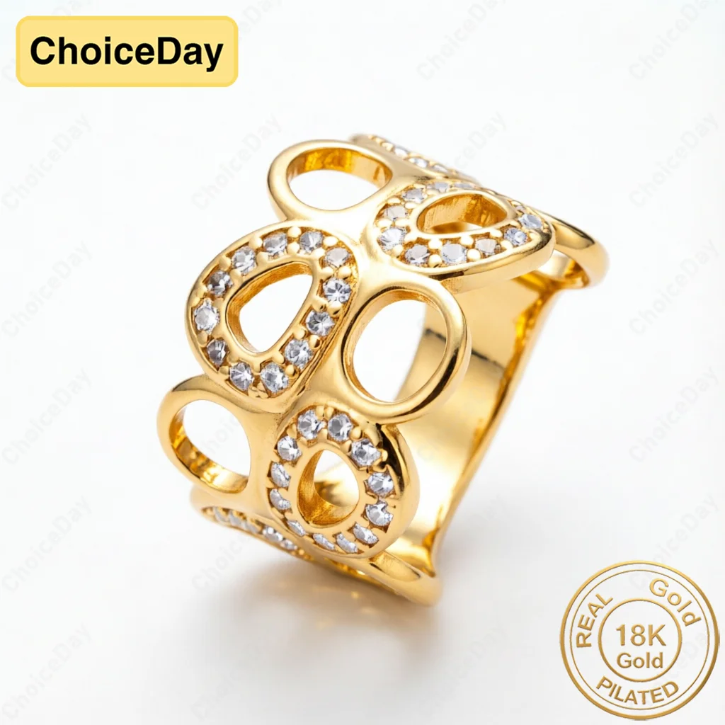 

18K Gold Plated Luxury Openwork Wide Zircon Ring, Stylish Women's Engagement Party Gift Jewelry Accessories