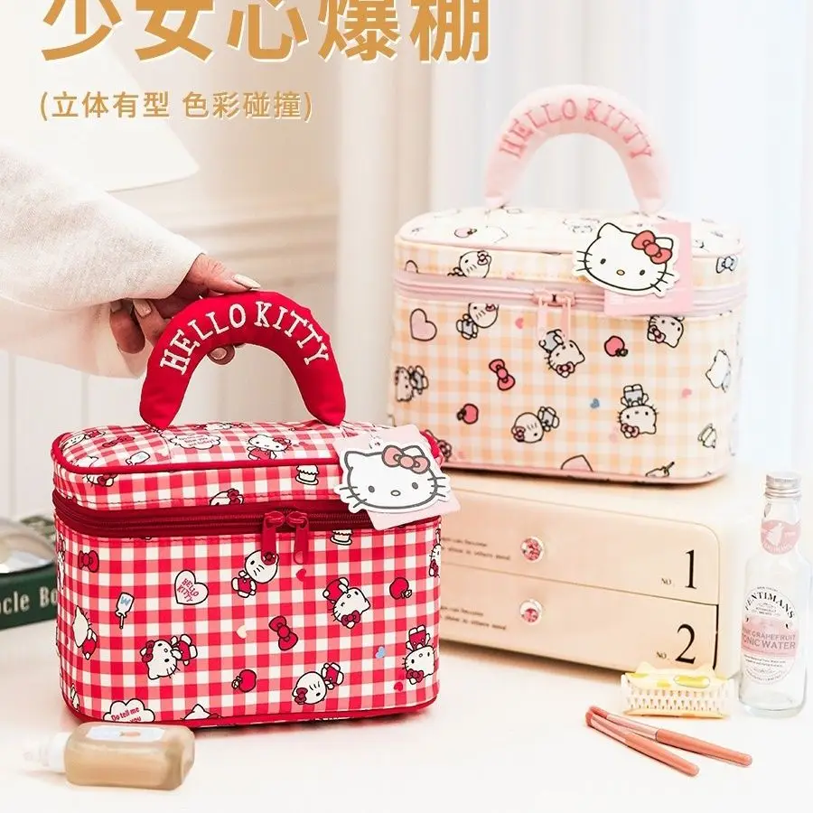 Cute Hello Kitty Checkered Travel Makeup Bag, Multi-Functional Cosmetic Storage Organizer with Handle, Cartoon Plaid Toiletry view 4
