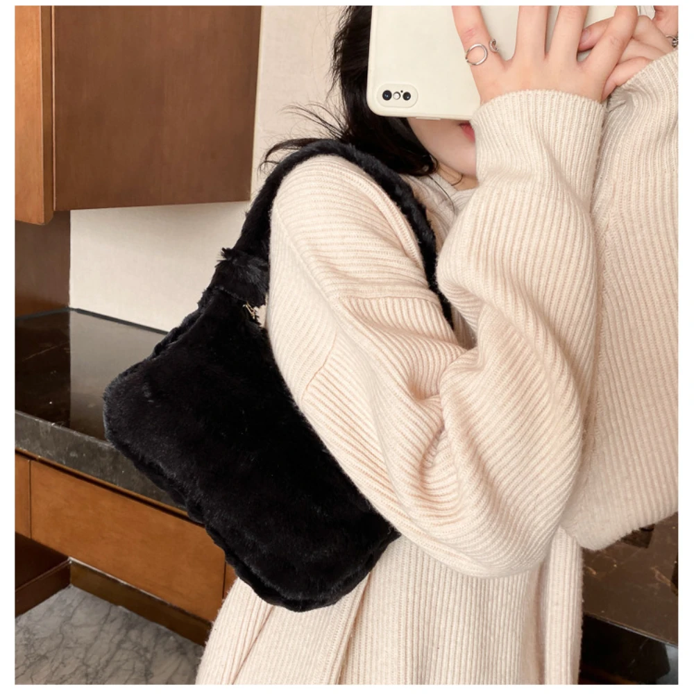 Winter Soft Fur Women's Fashion Shoulder Bag Zipper Pocket Morandi Solid Color Simple Casual Style French Minimalist Small Tote