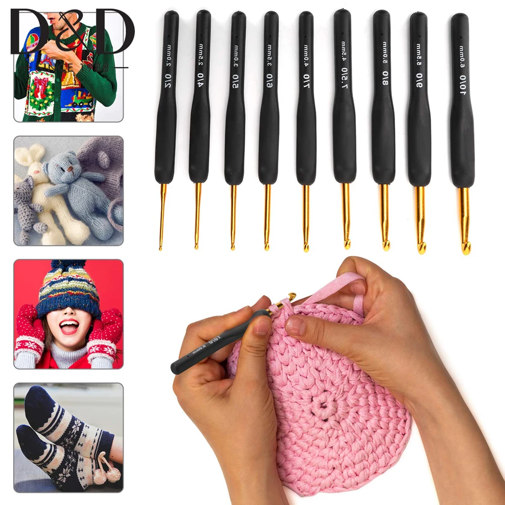 

9Pcs/Set Crochet Hook Set Ergonomic Handle Crochet Hooks Kit Sweater Sewing Thread Black Handle Knitting Tools 2.0-6.0mm