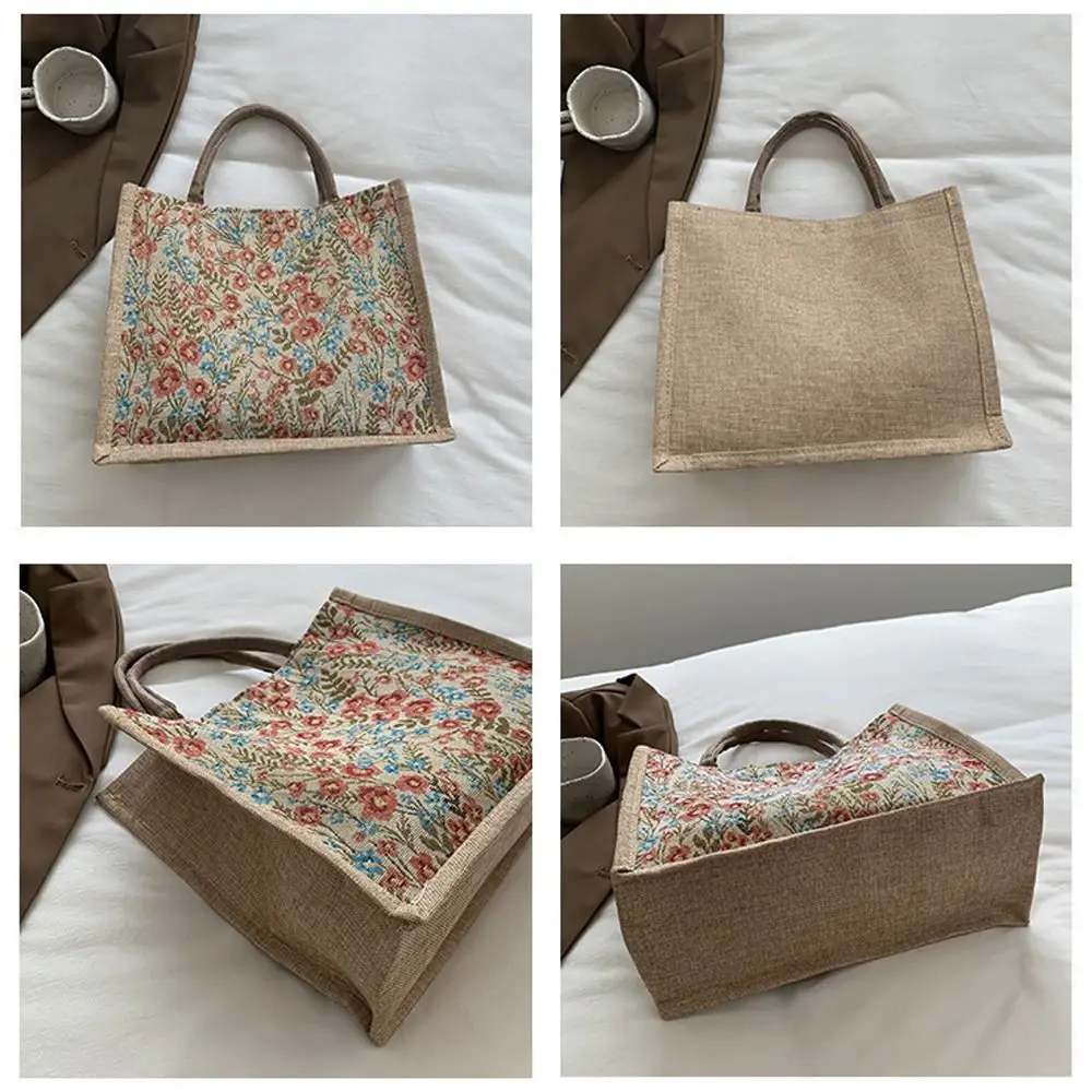 Fashion Flower Pattern Casual Flax Tote Bag Handbag Lunch Pouch Mummy Bag