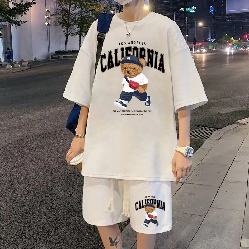 

Summer Men Oversize Shorts Suits M-5XL American Style Trendy Cartoon Bear Printed T-shirts Shorts 2 Piece Set Men Clothing New