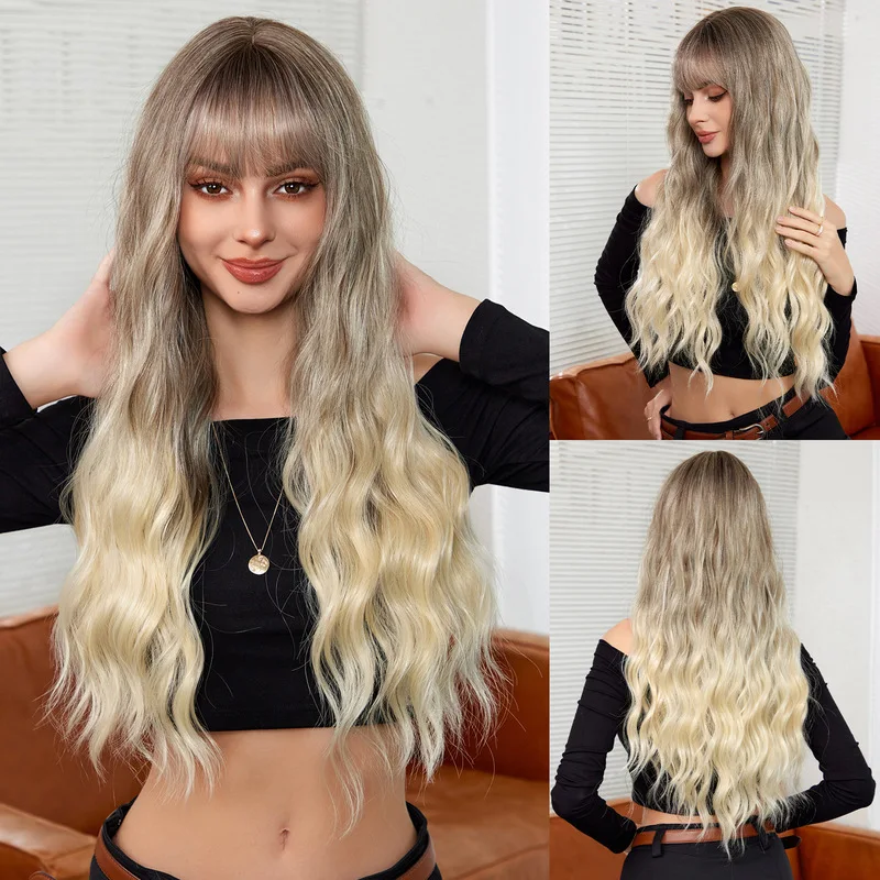 European and American style wig, brown gradient platinum with bangs, large wavy long curly hair, full head wig