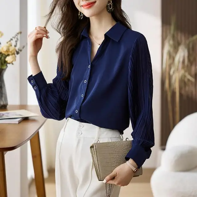 Navy Blue Professional Outfit Patchwork Polo Collar Chiffon Shirt for Women Fashionable and Beautiful Temperament Base Shirt