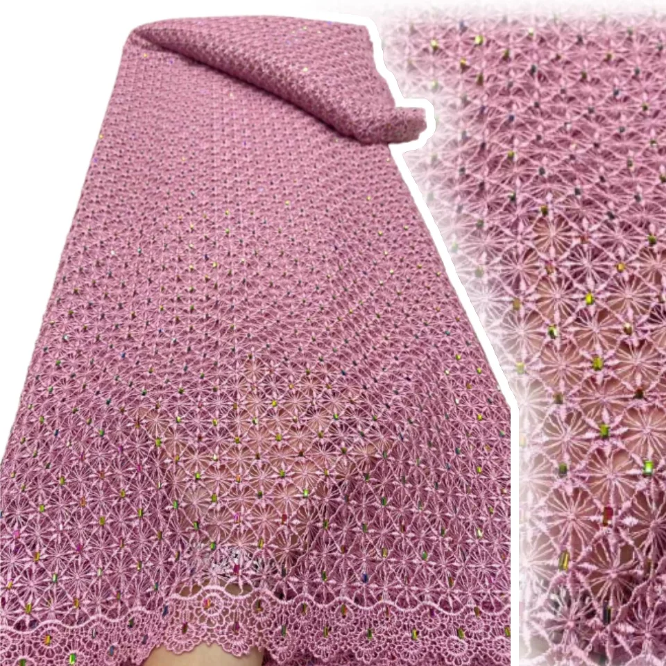 

Розовая модная стильная африканская кружевная ткань с бисером, 2025, высокое качество, кружевной хлопковый шнур, кружевная ткань, нигерийский гипюр, вышивка CC1469