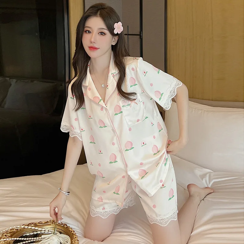 

Summer New Ice Silk Women's Summer Short Sleeve Pajamas Lace Pajamas Teenage Girl High-Quality Long Pants Sweet Home Thin Set