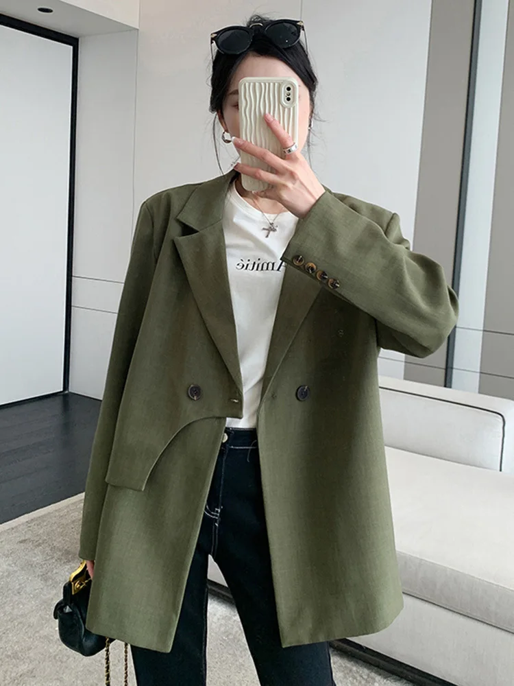 [EAM] Women Green Irregular Big Size Casual Blazer New Lapel Long Sleeve Loose Fit Jacket Fashion Spring Autumn 2024 1DF5044