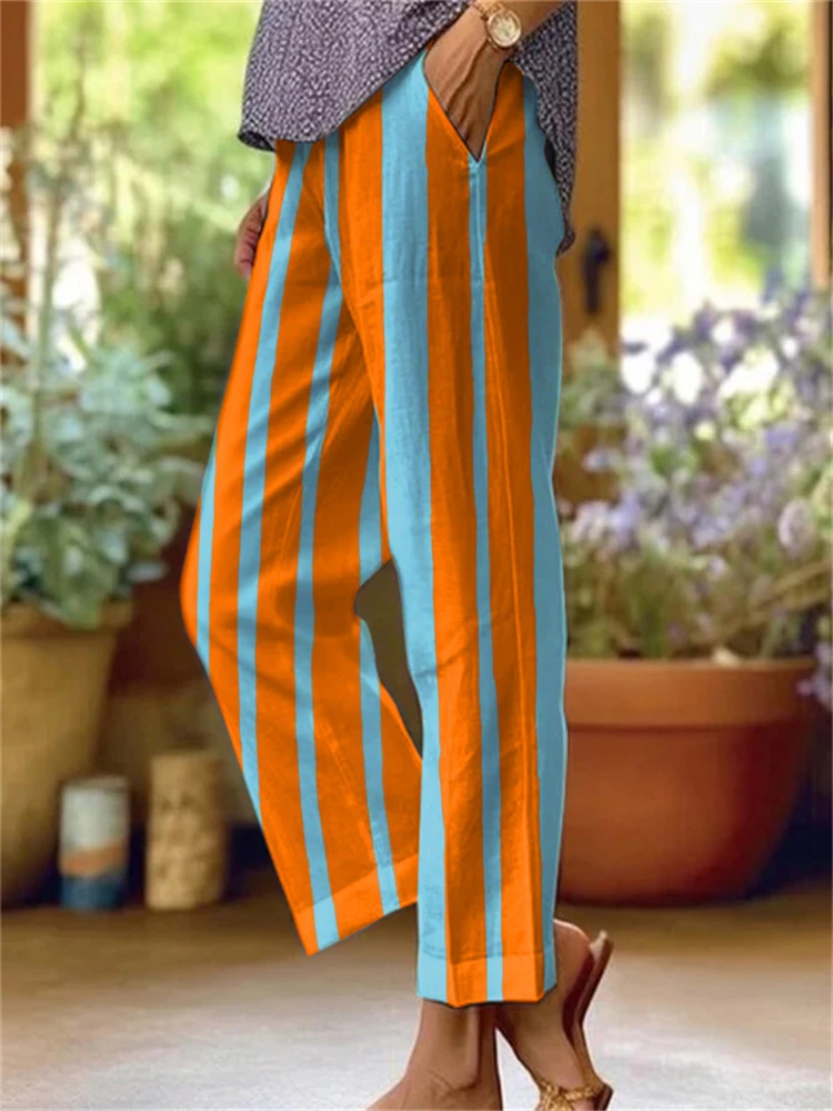 Women's Striped Print Pants Casual Everyday Relaxed Straight-Leg Pants Drawstring Design Breathable Comfortable Cropped Pants