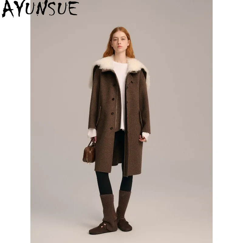 AYUNSUE Women's Woolen Coat Casual Fashion Hooded Sheep Wool Jackets for Woman High Quality Long Outerwears Woman Clothes Casaco