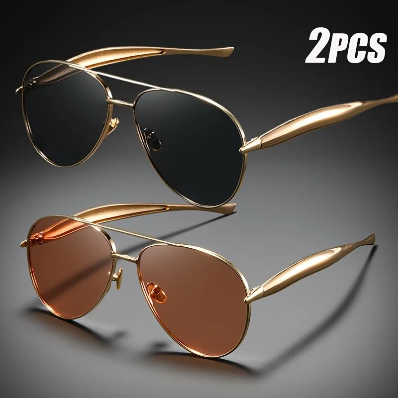 2er-Pack Unisex Oversized Pilotenbrillen mit Rahmen in Tortoise, Beige & Gold, optional mit Blaulichtfilter, ideal für Fotos & als Geschenk.