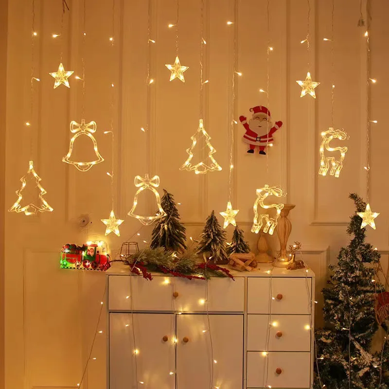 220V Eu Plug Christmas Deer Bell Sta Curtain String Lights LED  Garland Fairy Lights Holiday Decoration for Wedding Party Decor image 6