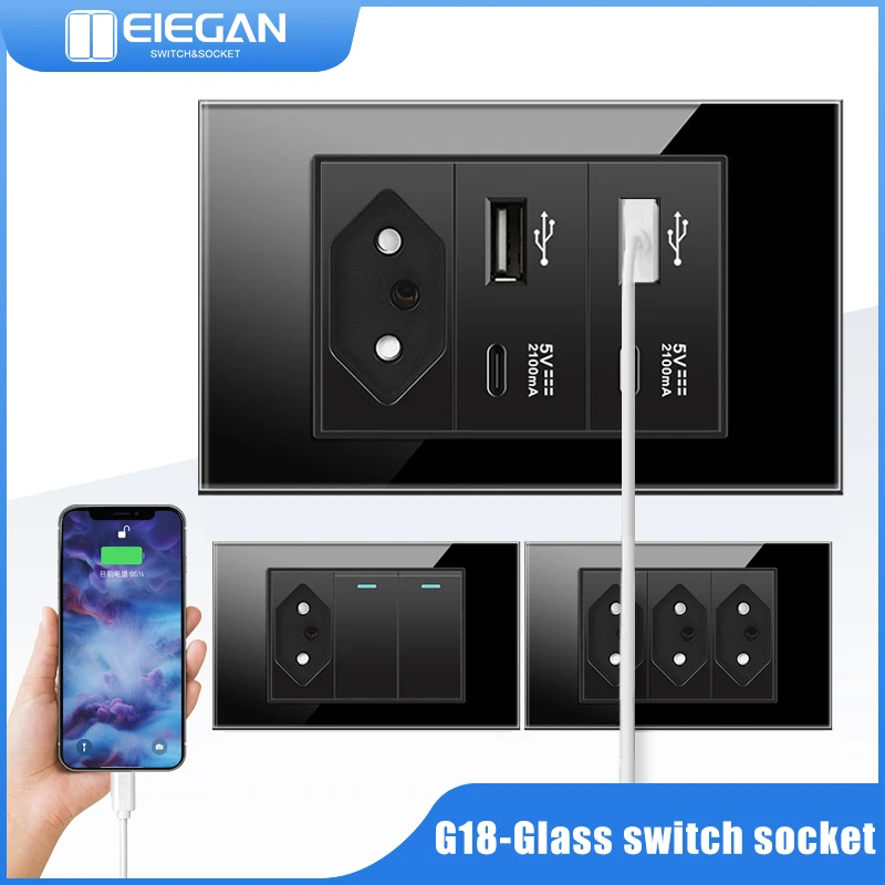 ELEGAN Brazil Standard 118*72mm Type C Usb Wall Outlet Glass Panel AC 110V-240V AC 250V 20A BR Power Socket with Light Switches