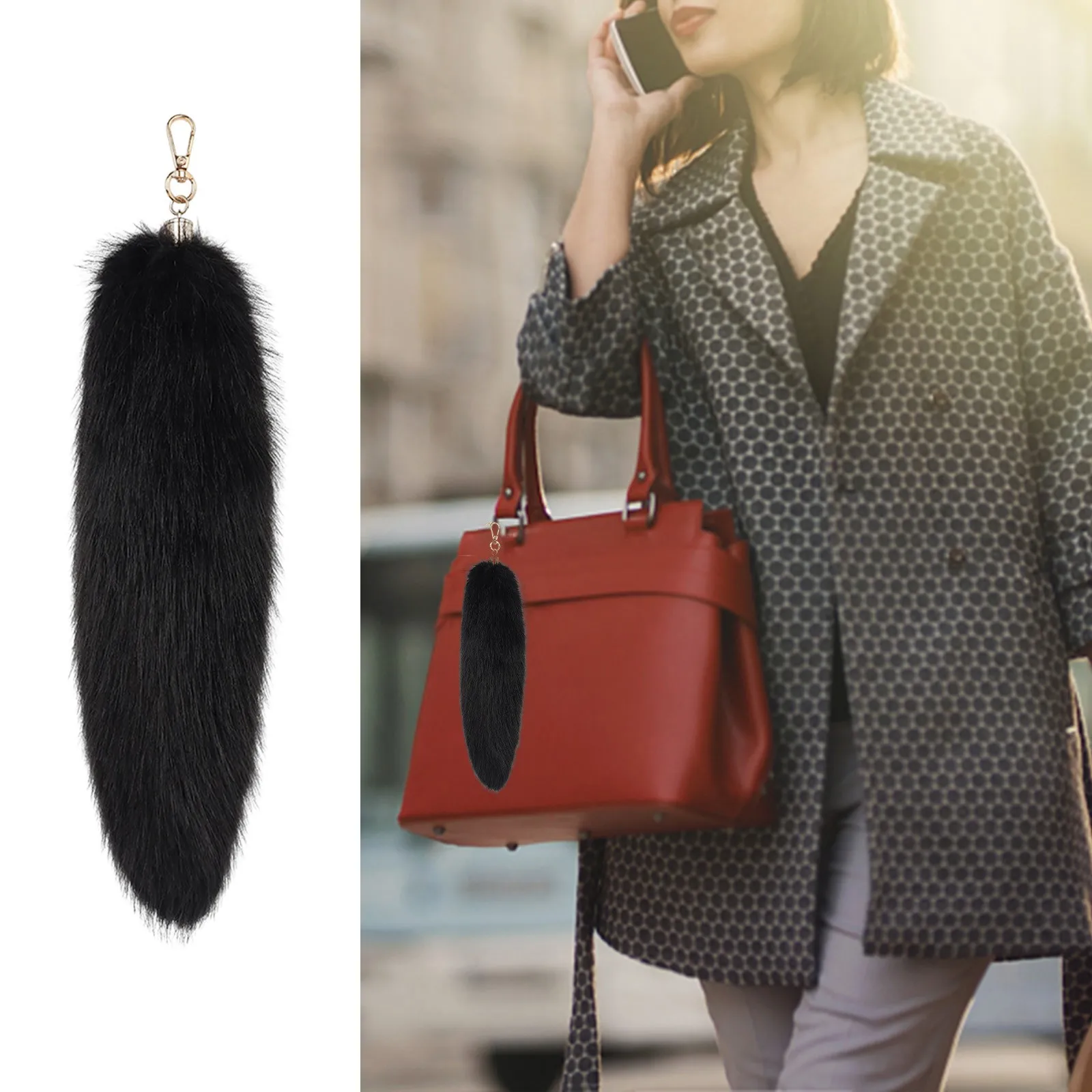 Large Long Natural Fur Cute Tail Keychain Pendant Women Key Ring Holder Pompoms Cute Wolf Fox Key Chains Fashionable Accesorios