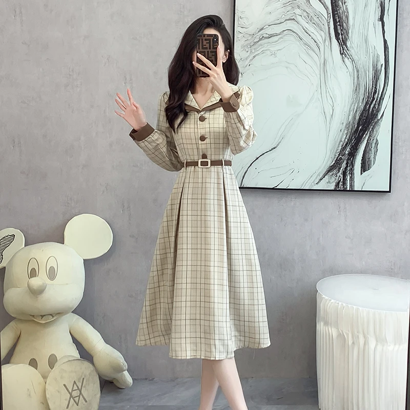 Autumn Women\'s Elegant Peter Pan Collar Women Plaid A Line Dress Ladies Long Sleeve Vintage Casual Dress Vestidos