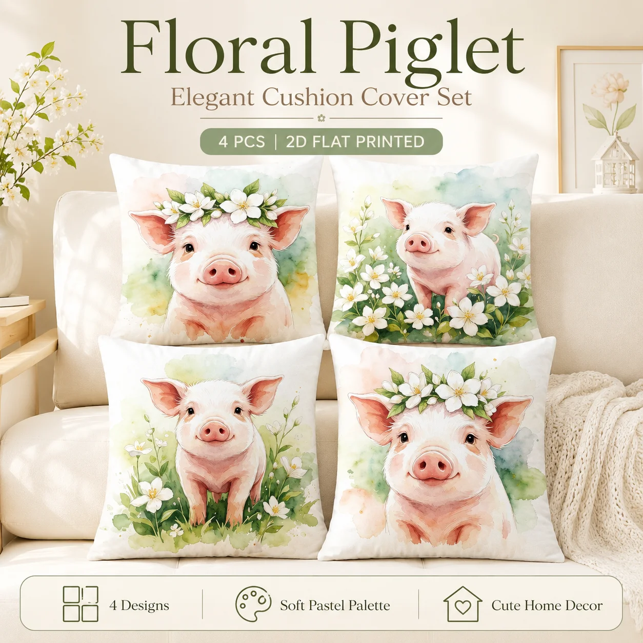 

Cute Floral Piglet 2D Flat Printed Peach Skin Cushion Covers Set Of 4 Farmhouse Coussin Throw Pillow Case Room Decor For Kids