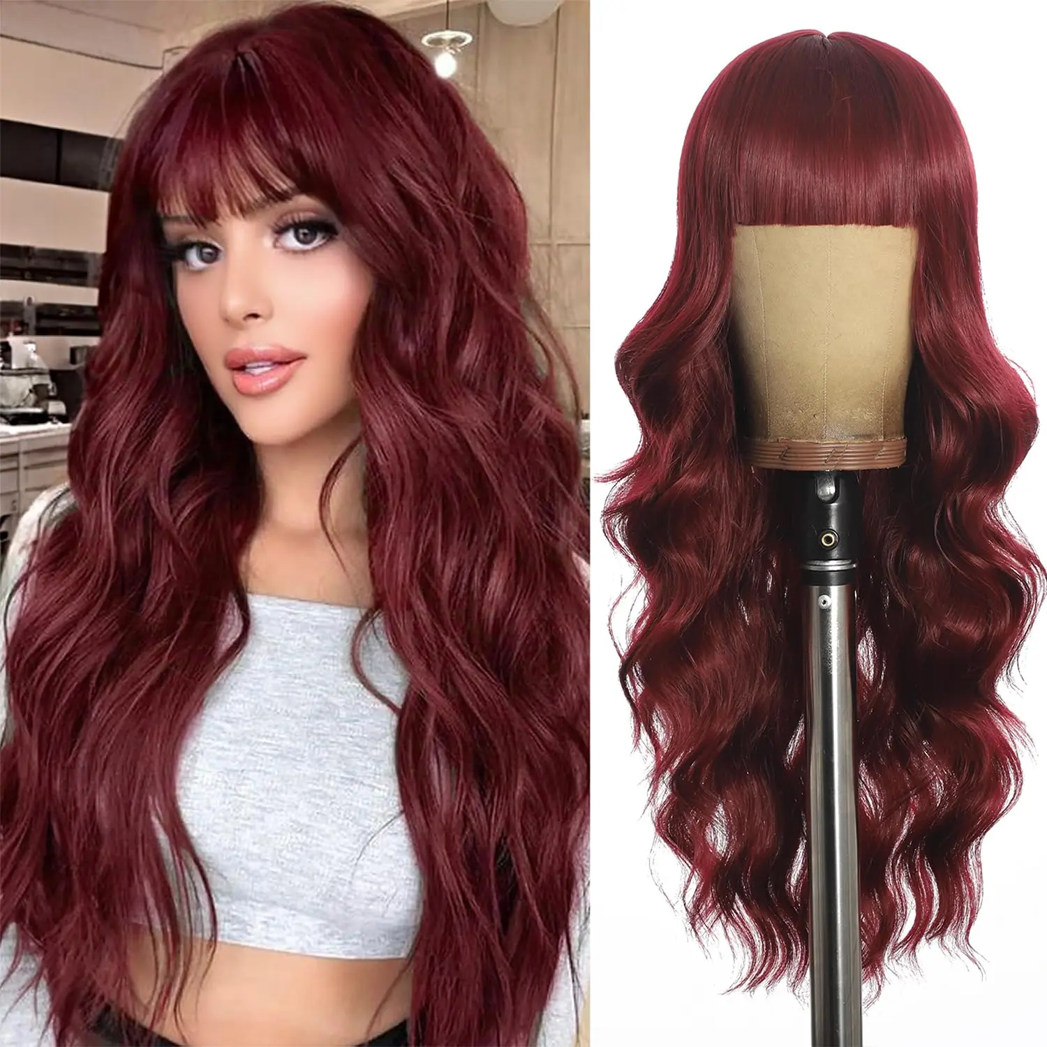

Red wine color synthetic wig with big waves for party, Halloween cosplay, everyday use, high-temperature hair silk wig set