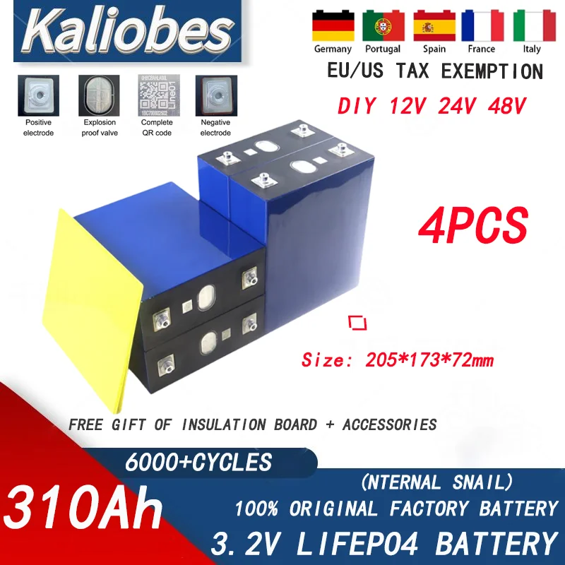 리튬 다리미 인산염 골프 카트 충전식 배터리, DIY 캠핑카, 면세, 3.2V, 310AH, LiFePo4, 12V, 24V, 48V, 4 개, 신제품