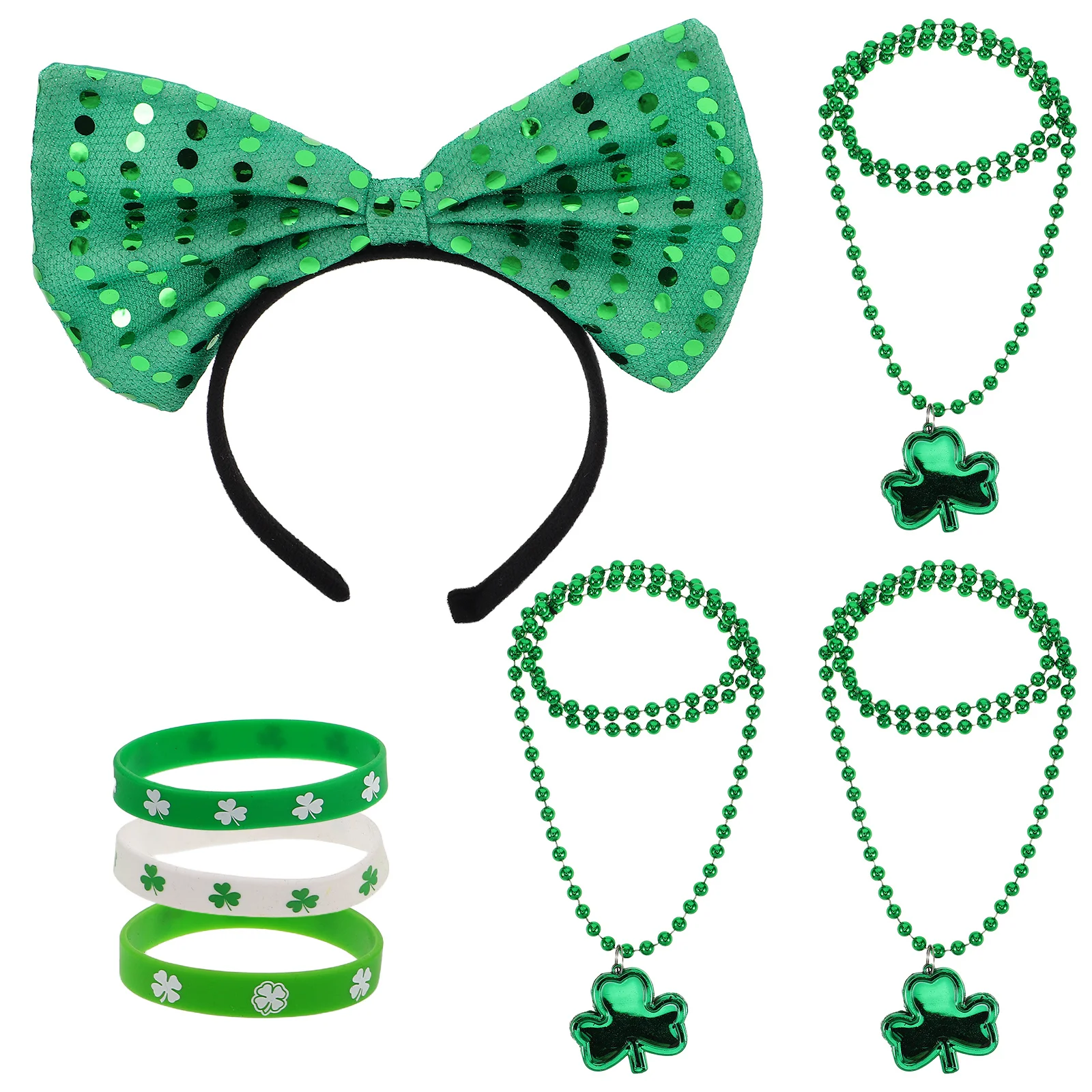 

1 комплект, аксессуары для вечеринки в честь Дня Святого Патрика, праздничная повязка на голову с бантом, зеленый трилистник, ожерелье, браслет, костюмный комплект, ожерелья Святого Патрика