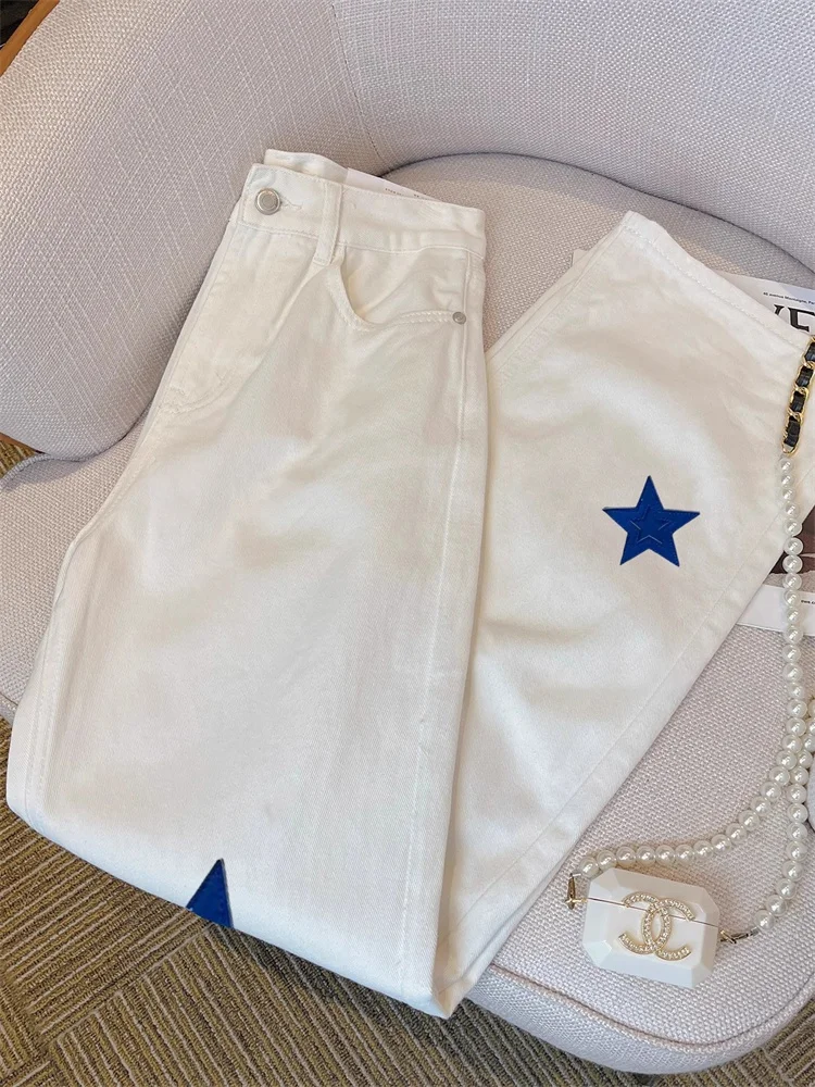 

Faionable High Waist Straight Leg Denim Jeans for Couple White Starburst Printed Loose Loose StretchSummer Womens Jeans