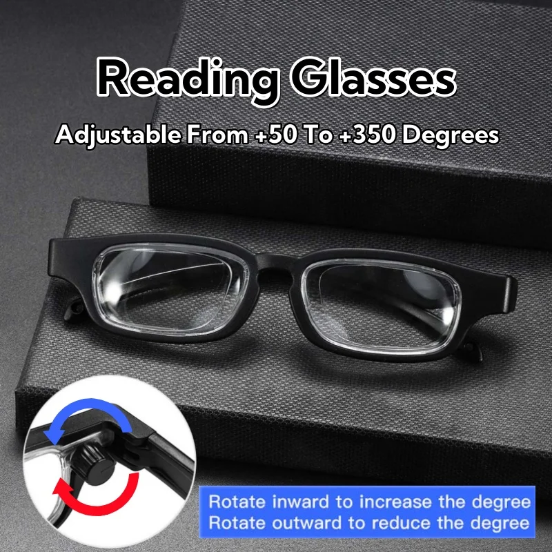 

Portable Rotatable Adjustable Focal Length Reading Glasses Square Full Frame Adjustable From +50 To +350 Degrees Eyeglasses