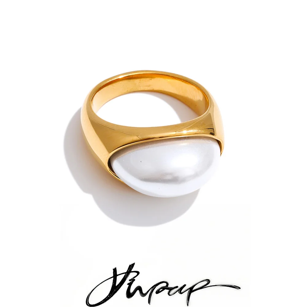 Yhpup Size 678 Simulated Pearls Geometric Fashion Golden Ring 2025 Stainless Steel Finger Chic Charming Jewelry Accessories