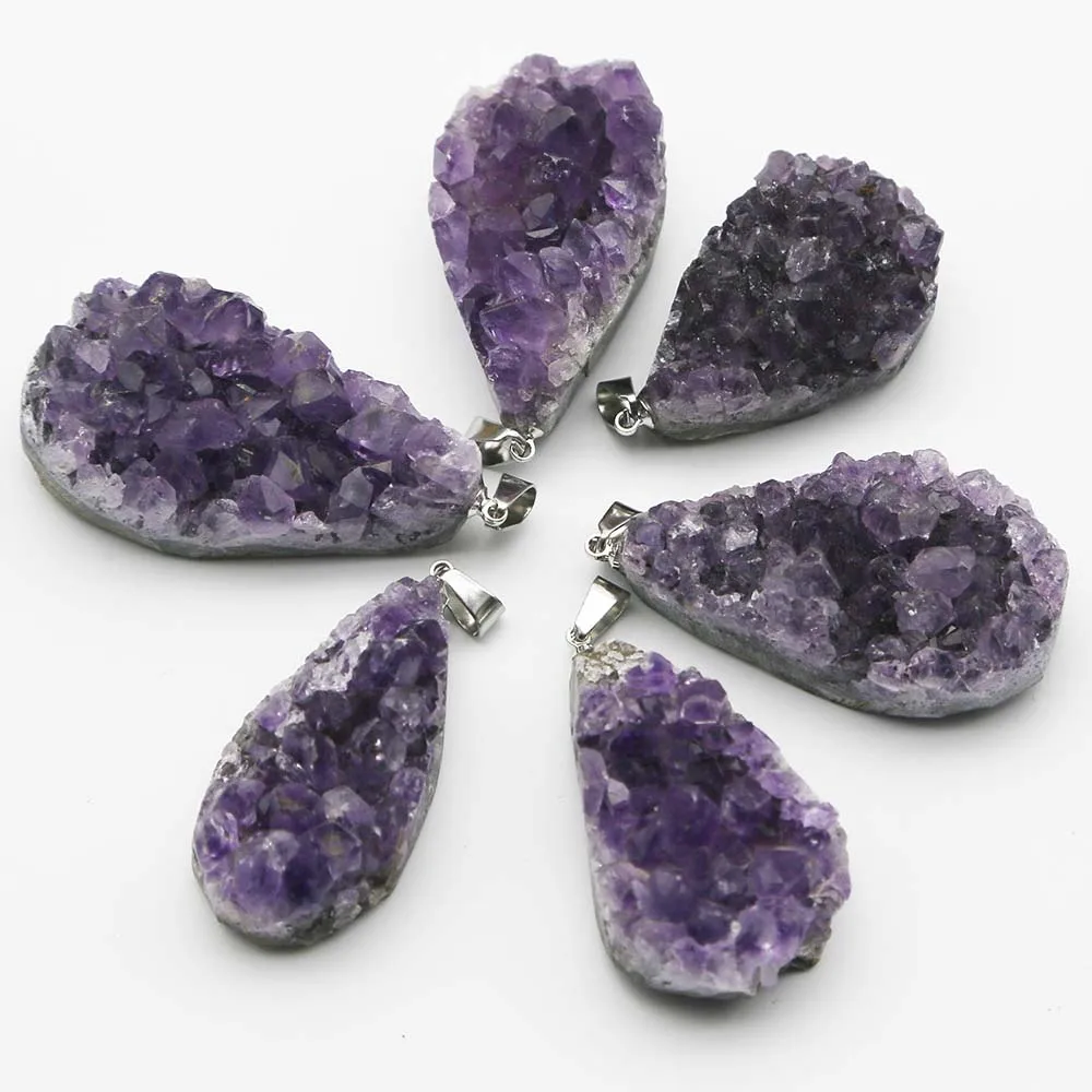 New Natural Stone Raw Ore Water Drop Amethyst Pendants Quartz Quality Purple Crystal Necklace Charms Jewelry Gift Wholesale 6Pcs