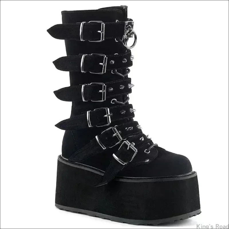 Brand Fashion Gothic Street Cool Woman Boots Wedges Buckles Big Size 43 Glittered Pink Chunky Platform Motorcycles Boots Women