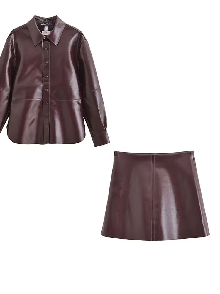 Elegant Women Faux Leather Lapel Single Breasted Casual Loose Jacket Coat+High Waist Party Mini Skirts 2 Piece Set Mujer