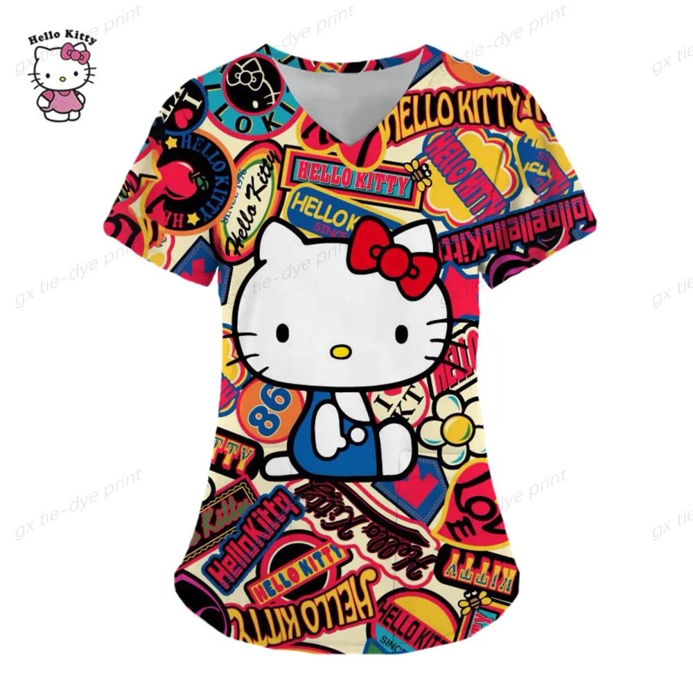 Cartoon Color Blocking Hello Kitty Printed Nurse Scrubs Women Nurse Uniform V-neck Clinic Uniform Hospital Spa pink y2k tops