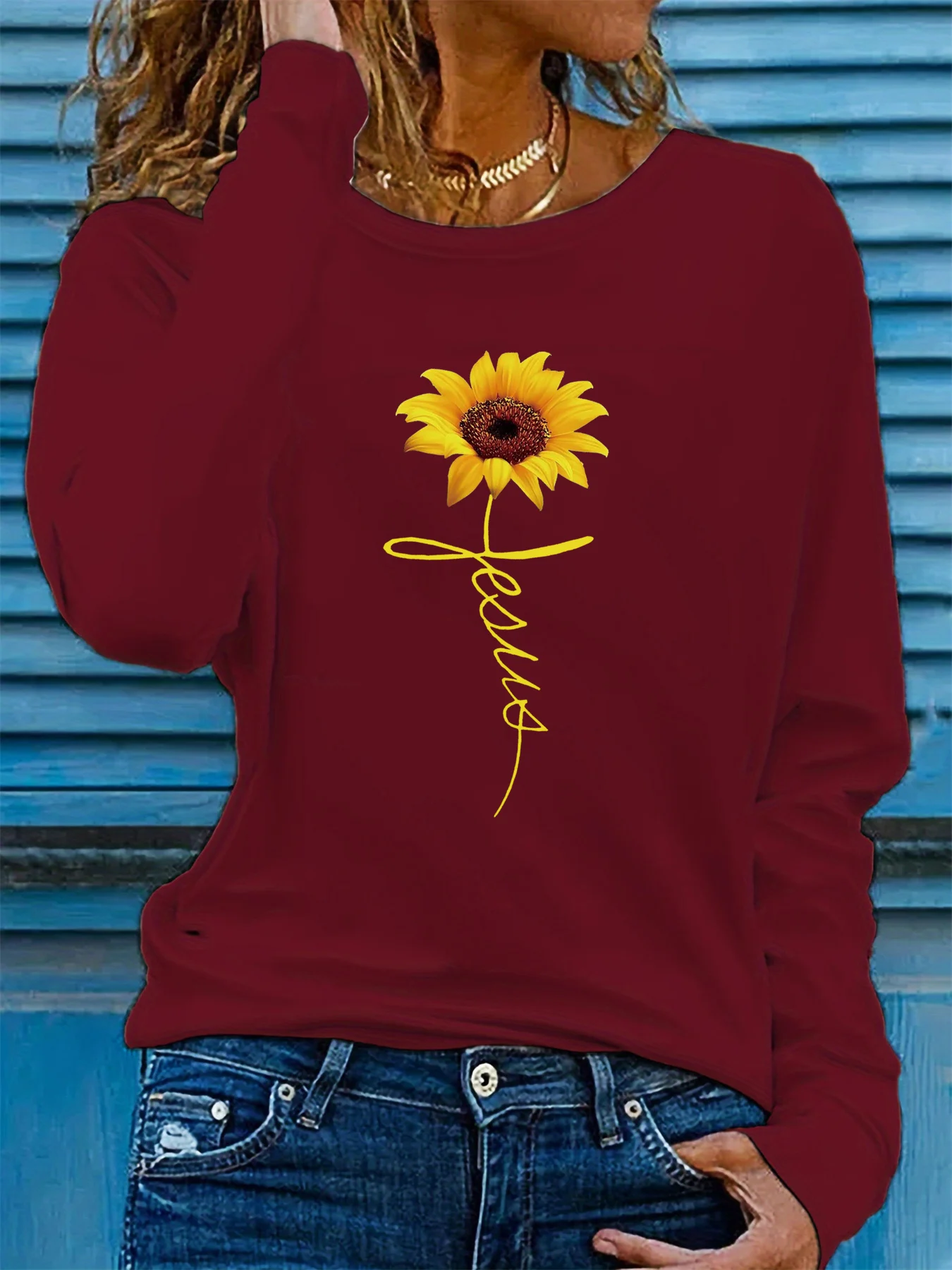 

100% pure cotton women's spring and autumn loose comfortable sunflower cross pattern printed long sleeved round neck T-shirt