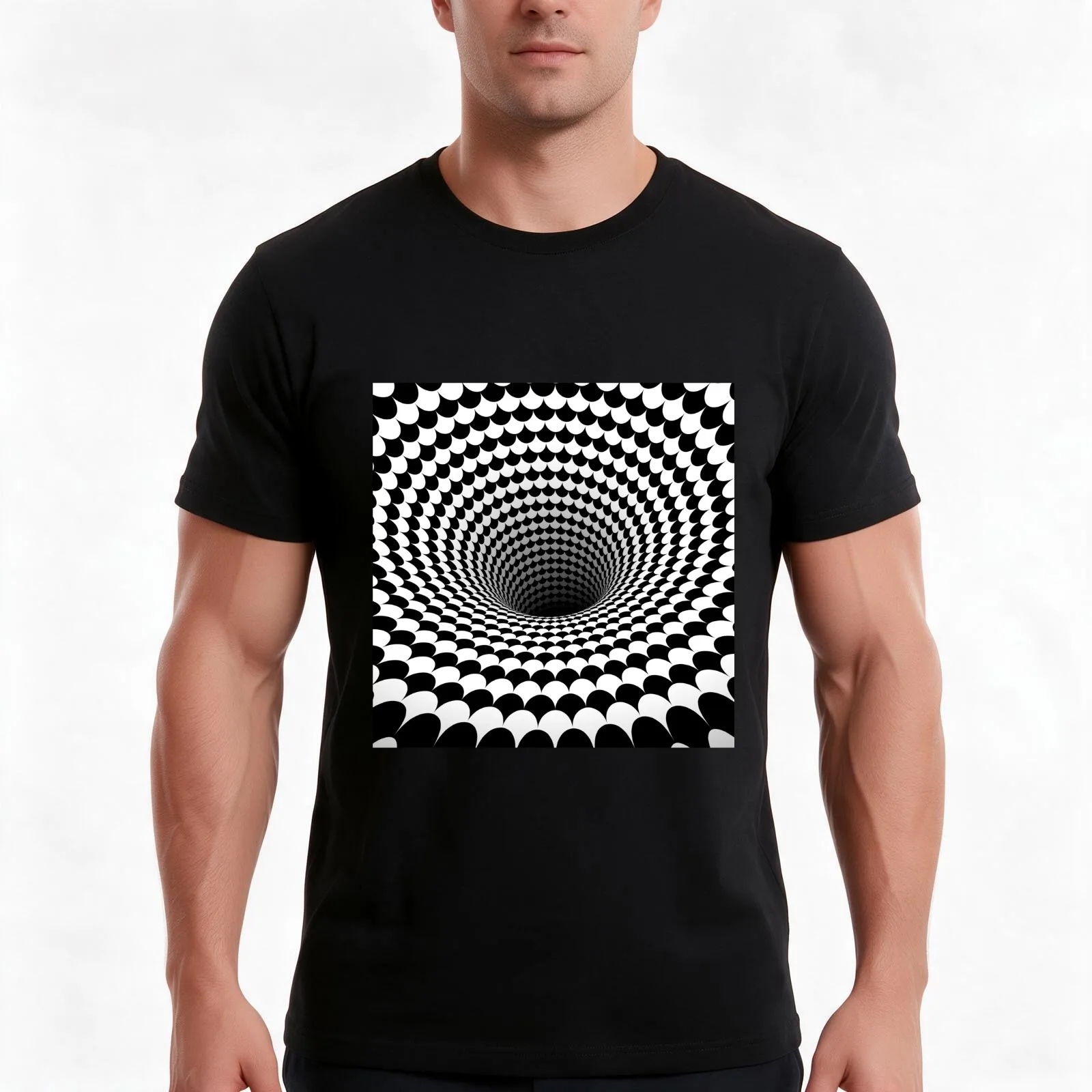 Optical Illusion Black and White Scales Houndstooth Black T-Shirt, Cool Short Sleeve T Shirt, Loose Casual Summer Unisex Top
