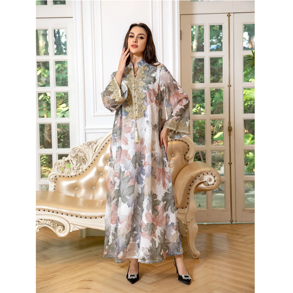 

2024 Eid Ramadan Print Abayas for Women Muslim Maxi Party Dress Marocain Kaftan Dubai Turkey Robe Gulf Jalabiya Islamic Clothing