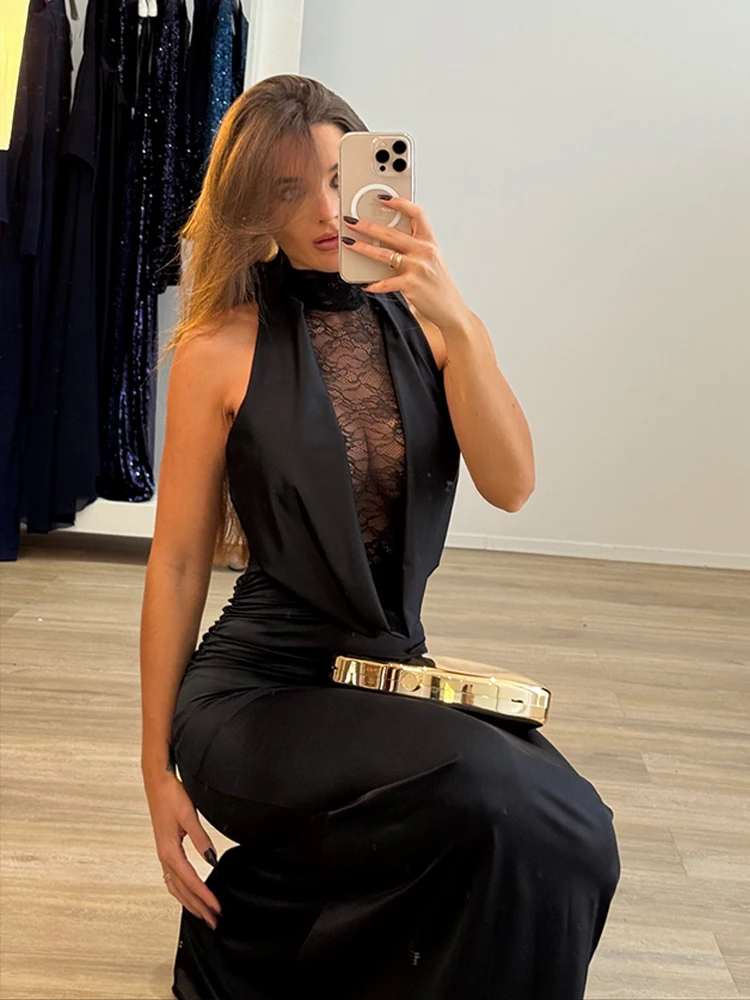 CNYISHE Przezroczysta sukienka z siateczki, wiązana na szyi, bez rękawów, z odkrytymi plecami, elegancka, dopasowana, seksowna, idealna na imprezę, podkreślająca figurę.